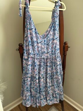 Simply Southern Blue and Pink Leaf-Print Tiered Mini Dress